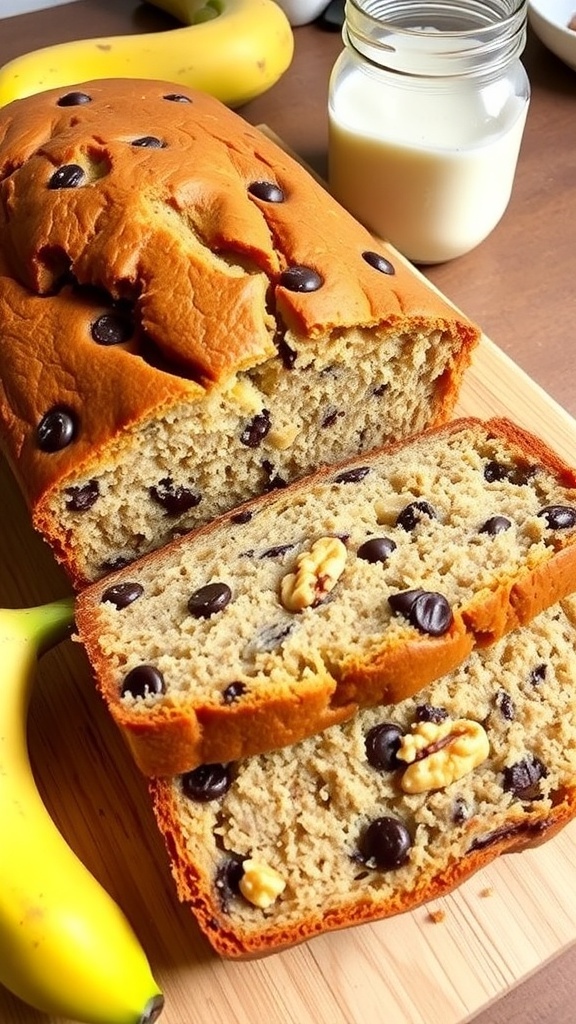 Sourdough Banana Bread Recipe A loaf of sourdough banana bread sliced on a cutting board, showcasing its moist texture with chocolate chips and walnuts.